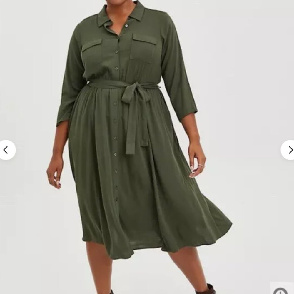 Torrid Olive Green Button Down Tie Waist Collared Midi Dress